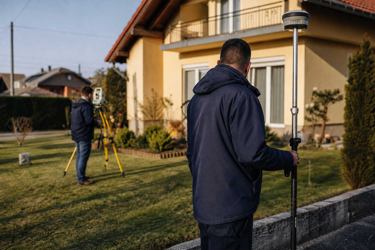 Dvojica geodeta s GNSS prijamnikom i totalnom stanicom mjere dvorište obiteljske kuće