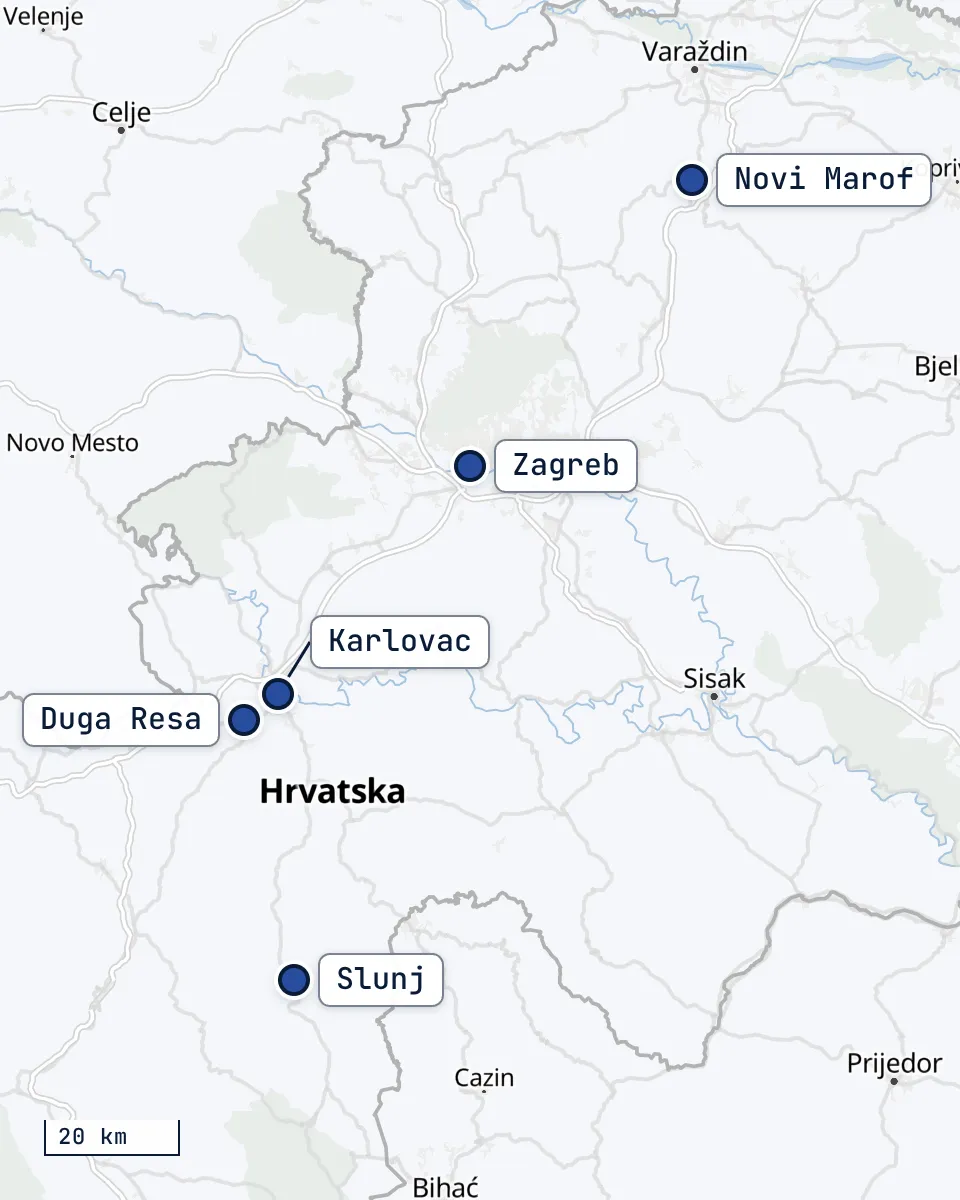 Karta sa svih pet ureda GEO-KOM-a: Duga Resa i Karlovac u sredini, Slunj na jugu, Zagreb na sjeveroistoku i Novi Marof na sjeveru.