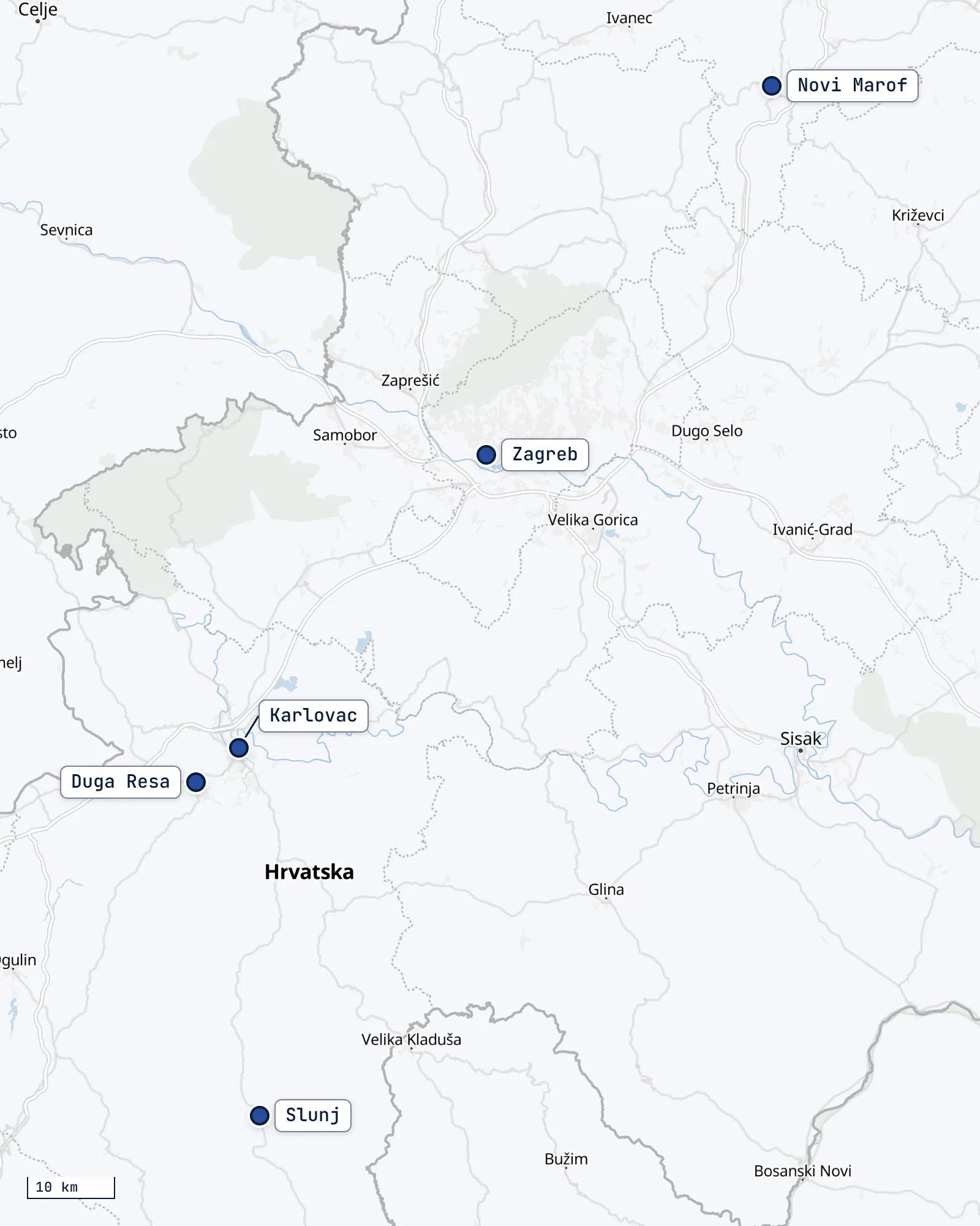 Karta sa svih pet ureda GEO-KOM-a: Duga Resa i Karlovac u sredini, Slunj na jugu, Zagreb na sjeveroistoku i Novi Marof na sjeveru.
